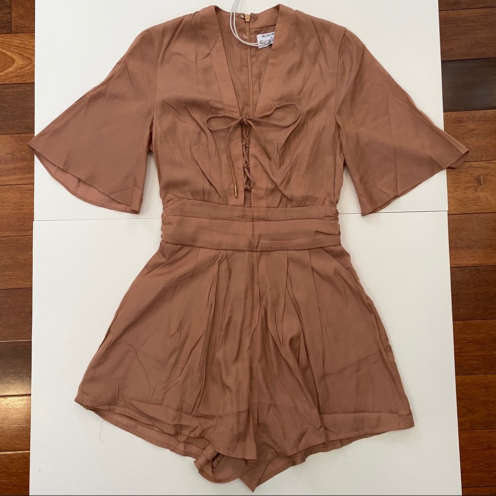 Runaway Spring Summer Lace Up Metallic Brown Short Sleeves Romper Women Size XS